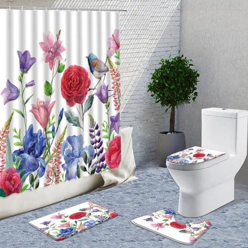 Green Agapanthus Lotus And Butterfly Shower Curtain Floral Sets Color 3D Hand Painted Rugs Toilet Lid Cover And Bath Mats Carpet