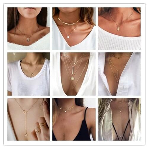 New Vintage Crystal Pendant 2020 Necklace Women Gold Color Beads Moon Star Horn Crescent Choker Necklaces Jewelry
