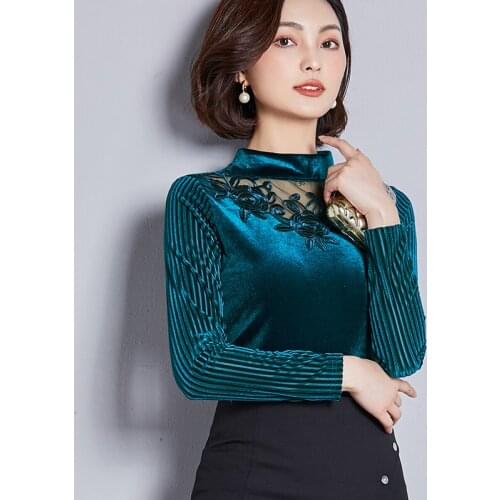Spring Winter Women Flower Embroidery Full sleeve T shirt black velvet shirts see through Ladies Elegant Warm Tops pink 315B3