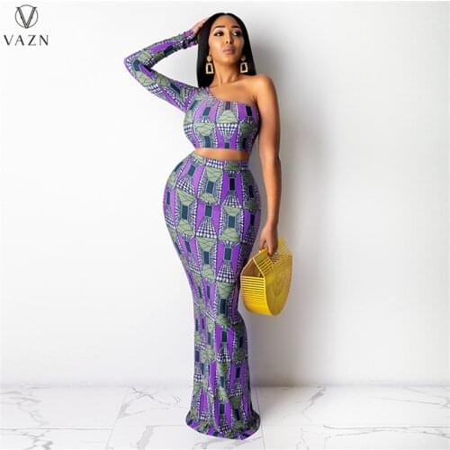 VAZN 2021 New Sexy Bohemian Holiday Plus Size Full Sleeve One Off Shoulder Maxi Mermaid Skirts Skinny Women 2 Piece Set