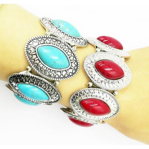 Bohemia retro Natural Oval Green Stone wrap Bracelet Classical Cute Stretch Antique Womens Bracelet