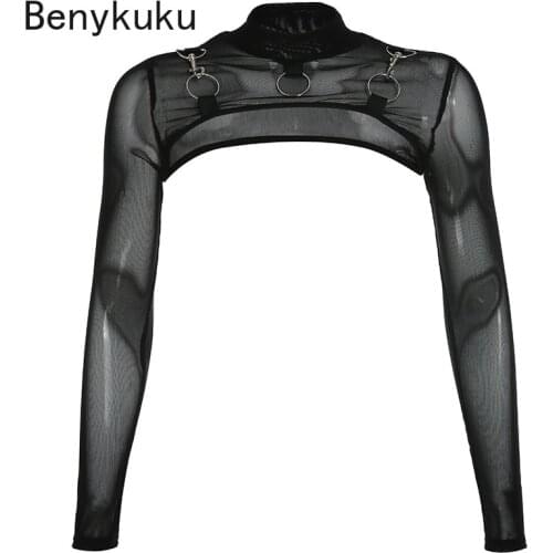 Sexy Goth Mesh Crop Top Solid O Neck Short Lace T Shirt Fashion Long Sleeve Sheer Short T-shirt Women 2021 Basic Tight Top Tees