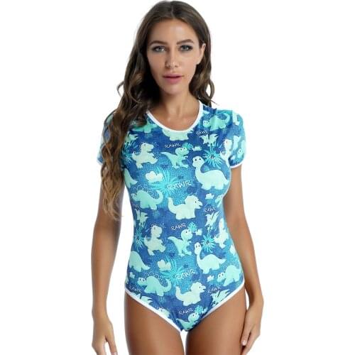 Womens Summer Cute Cartoon Print Bodycon Bodysuit Nightwear Sleepwear for Pajama Party Round Neck Short Sleeve Rompers Jumpsuits