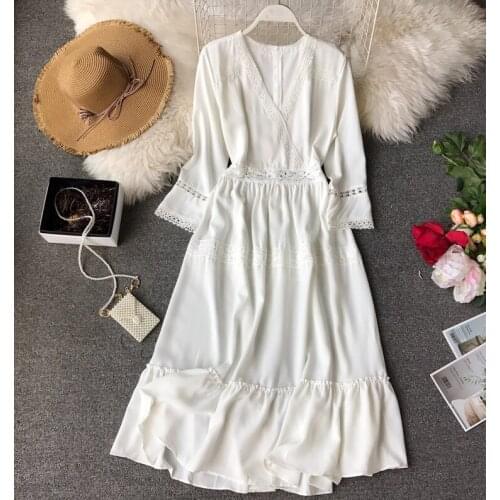 Womens Spring Summer solid Color Medium Long deep V neck dress Female A-line beach Vacation chic Dress TB1236