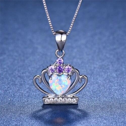 Boho Female Crown Pendants Necklaces Fashion Silver Color Purple Necklace Blue White Fire Opal Necklaces For Women