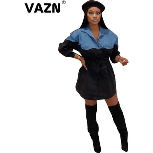 VAZN 2020 Hot List Young Georgette Patchwork Casual Free Simple Fashion Full Sleeve Waist Braid Women Nature Mini Dress