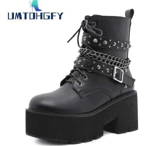 2022 Gothic Black Ankle Boots For Women High Heel Female Shoes Lace-Up Street Style Nigh Club Sexy Rivet Chain Spring Autumn 423