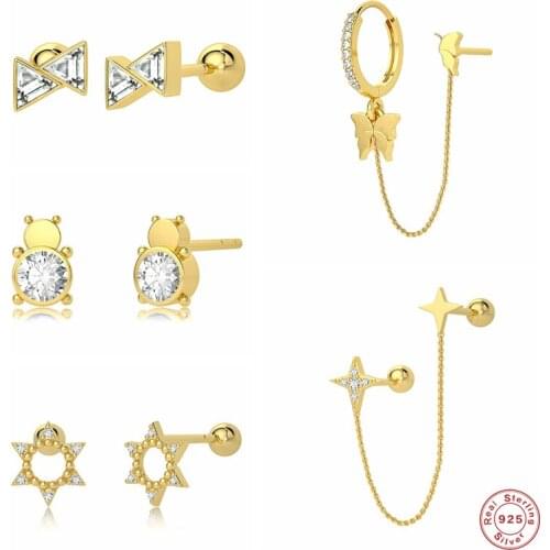 Aide 925 Sterling Silver Butterfly Pendant Chain Stud Earrings Triangle Zircon Ear Studs Star Cute Bear Shape Earrings Jewelry