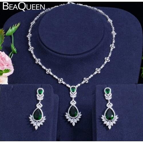 BeaQueen Gorgeous Teardrop Green CZ Crystal Wedding Earring Necklace Dress Jewelry Sets with Marquise Cubic Zirconia JS001