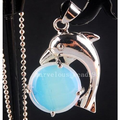 Free Shipping Fashion Jewelry Opalite Opal Dolphin Women Men Round Pendant With Chain 1Pcs MC3888