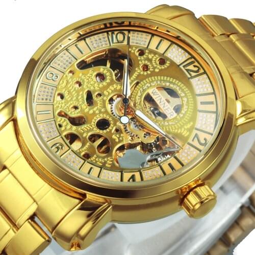 WINNER Royal Golden Skeleton Mens Watches Automatic Mechanical Watch Men Luxury Classic Stainless Steel Strap Wrist Watches часы