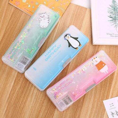 Quicksand Pencil Case Cute Student Cartoon Pencil Case Multi-function Plastic Double Open Office School Pencil Case Stationery