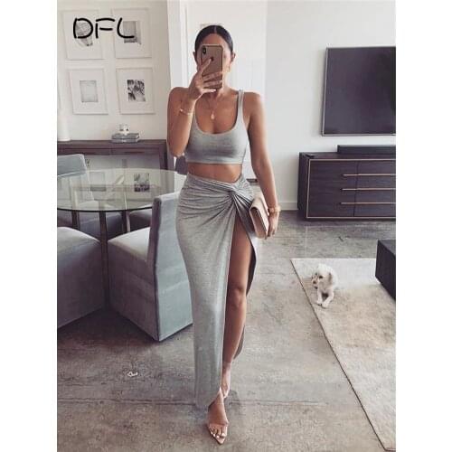 DFLlifes Sexy Two-Piece Outfits Women Party 2 Piece Set Clubwear Sleeveless Summer New Twist Side Split Long Skirts Matching Set