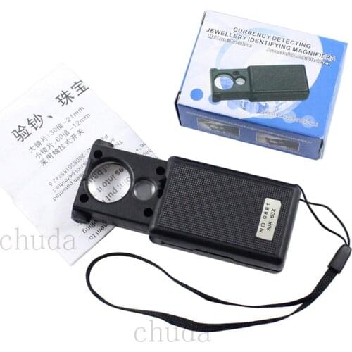 DHL 200pcs Handheld Magnifiers 30X 60X LED Jewelery Identify Pullout Magnifier Currency Detecting Loupes