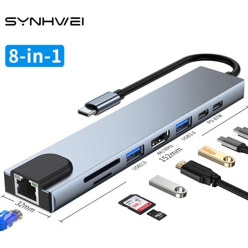 8 in 1 USB 3.0 Hub For Laptop Adapter PC Computer PD Charge 8 Ports Dock Station RJ45 HDMI TF/SD Card Notebook Type-C Splitter