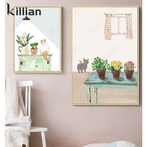Korean Style Cartoon Cute Cat Wall Art Canvas Poster Green Plant Animal Print Painting Baby Nursery Kid Bedroom Decoration Art