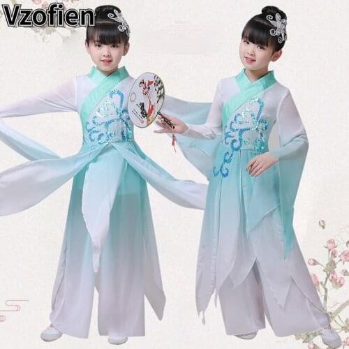 Childrens Classical Dance Performance Dress Girl Guzheng Dance Costume Children Fan Dancewear Ancient Folk Elegant Dance Suit