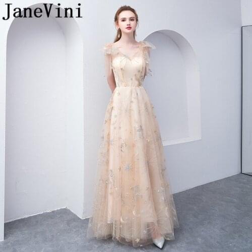 JaneVini Champagne Lace Prom Dresses Long Elegant Women Tulle V Neck Gala Party Gowns Sleeveless Evening Special Occasion Dress