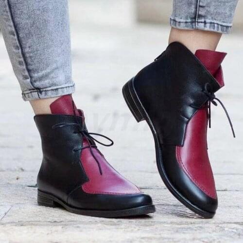 Fashion pointed-toe womens leather boots with front lace-up Martin boots and low-heeled womens boots