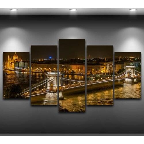 Modular Vintage Night View Pictures 5 Panel Hungary City Home Decor Paintings On Canvas Bridge Wall Art For Living Room HD Print