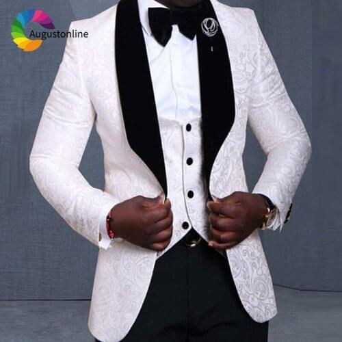 White Printed Pattern Men Suits Wedding Black Shawl Lapel Floral Groom Tuxedo 3 Piece Slim Fit Best Man Blazer Jacket+Pants+Vest