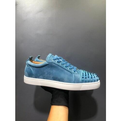 Red sole sneakers white and blue stitching color blue rhinestone rivet decoration blue suede low-top mens casual flat plus size