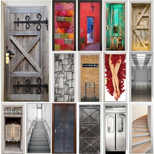 Door Sticker Retro Old Wooden Door Police Hall Subway Station Bar Elevator Stairs Color Bricks Pulling Door Home Decor Paste