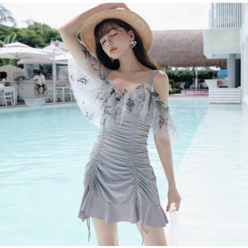 New Korean Bikini Sling Mesh Gauze One-Shoulder Steel Support Gathered Elastic Folds Drawstring Decoration Hot Spring Swimwear