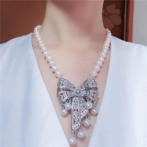 Hand knotted 9-10mm white natural freshwater pearl bowknot micro inlay zircon necklace fashion jewelry