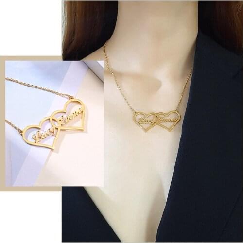 Custom Name Double Heart Necklace for Women Stainless Steel Choker Collar Personalized Nameplate Birthday Gifts for Her