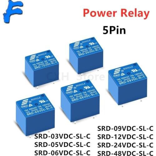 5pcs Relays SRD-05VDC-SL-C SRD-12VDC-SL-C SRD-24VDC-SL-C 5 Pin DC 3V 5V 6V 9V 12V 24V 48V 10A 250VAC 5PIN Power Relays