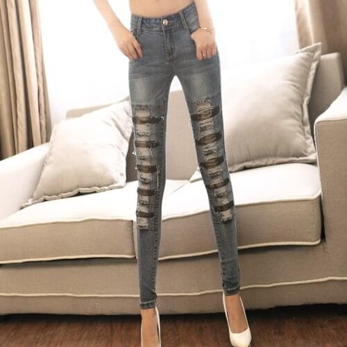 Ripped Jeans For Women Casual Vintage Slim Denim Pants Scratch Patchwork Skinny Pencil Trousers Hollow out Sexy Female Mujer