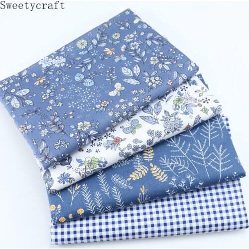Blue Leaves Grid Printed Twill Fabric Cotton By Half Meter For Sewing Baby Dress Bed Sheet Patchwork Cloth hometextile 160x50cm