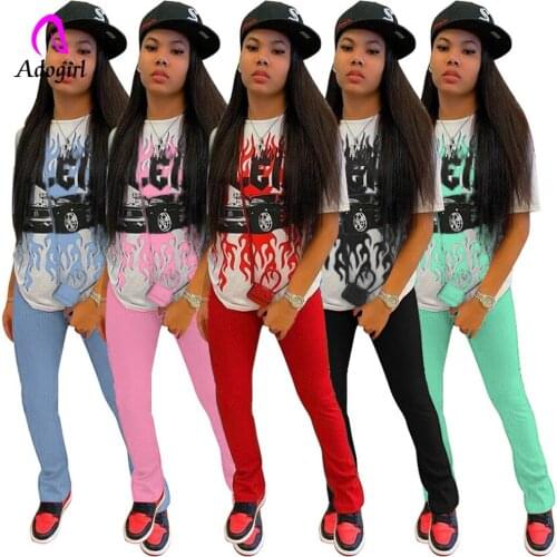 Sporty Women 2 Piece Set Hip Hop Matching Set Loose Letter Print Short Sleeve T-Shirt Tee + Sweatpant Fitness Workout Tracksuit