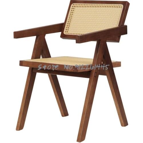 Solid wood retro rattan dining chair backrest armchair Nordic medieval homestay balcony net red chair