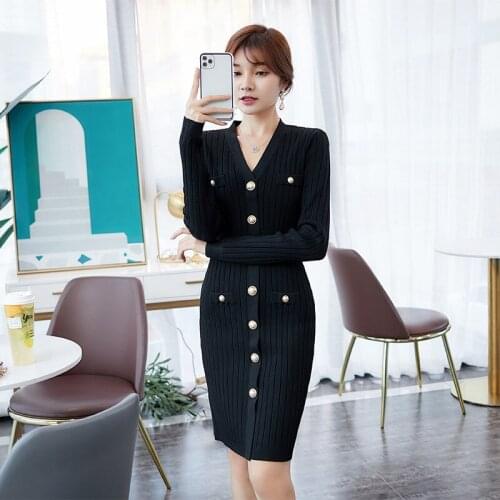 V-neck waist knit dress spring and autumn celebrity temperament slim long sleeve medium length Pullover skirt