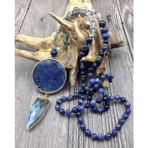 YA2786 Sodalite Labradorite Pendant Stone Sodalite Quartz Beads Knot Handmade Necklace