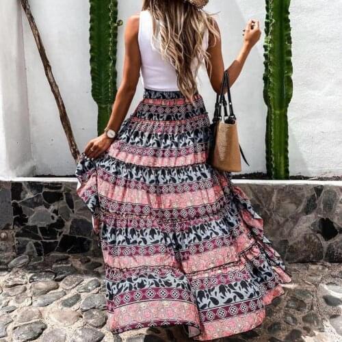 Skirts Womens Bohemian Asymmetrical Women Long Skirt Spring/Summer Irregular Floral Print High Waist Long Skirts Vintage Dresses