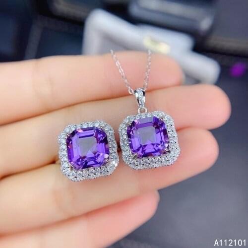 KJJEAXCMY Fine Jewelry 925 sterling silver inlaid natural Amethyst girl trendy necklace pendant ring set support test with box