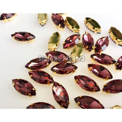 Factory sales Wine red Horse eye shape Glass Crystal Gold bottom sew on claw rhinestones with holes diy Sewing On Garment