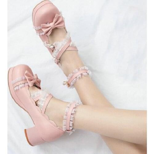 ZawsThia 2020 round toe girls mary janes shoes with lace ruffles platform middle heels women pumps bowtie cosplay wedding shoes