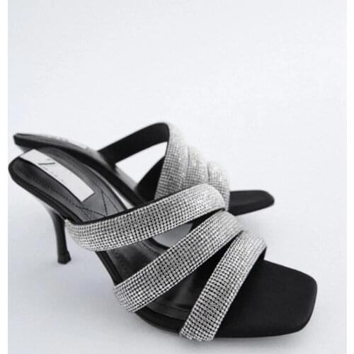 ZAR 2021 Summer New Pink Fashion Square Toe Crystal High Heels Sexy Outer Wear Stiletto Muller Sandals Party Shoes Women Hot