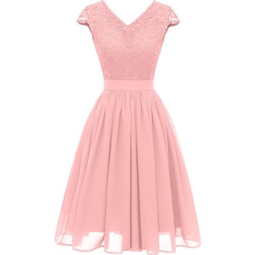Women Dresses Chiffon Lace Sexy V-Neck Big Swing Party Dress Ladies Casual Dress Vestidos DX190103