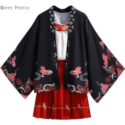 Japan Style Women Dress Sets Print Kimono Blouse Hight Waist Mini Pleated Skirts Sleeveless Camisole 2021 Summer 3 Piece Set