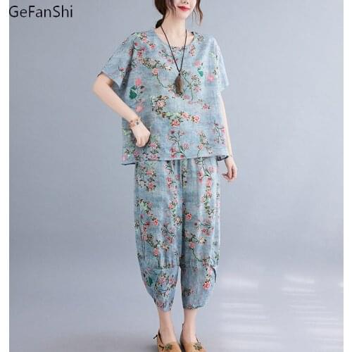 2021 Summer Women 2Pcs Print Blouse+Pants Office Lady Cotton Linen Set Casual Loose Fashion Tops And Harem Trousers Sets