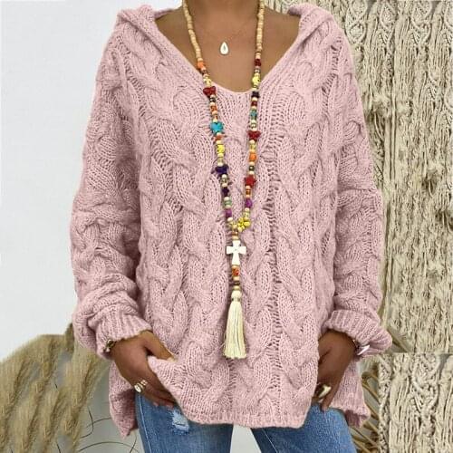 Women Sweater Autumn Long Sleeve Braided Hooded Pullover Knitted Sweater Braided Hood Loose Style Casual Sweater A102906