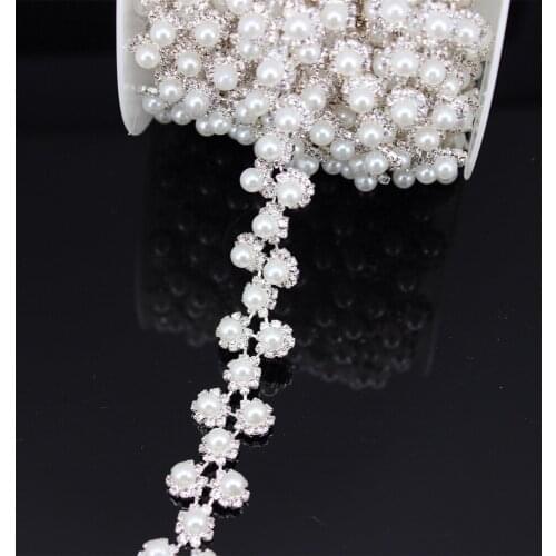 1 yard Exquisite Pearl Rhinestone Trim Bridal Belt Sash Applique Sew on Ribbon Metal Chain for Wedding Dress shoes bag accessory