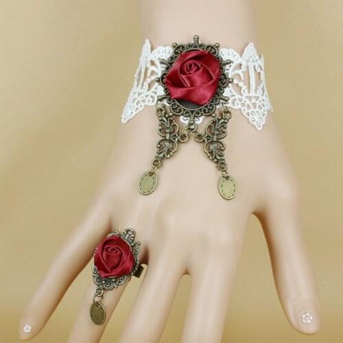 12 Pieces/Lot Gothic Charms Bracelets For Women Red Rose Metal Chains Bracelets Handmade Lace Wristbands Vintage Finger Circle