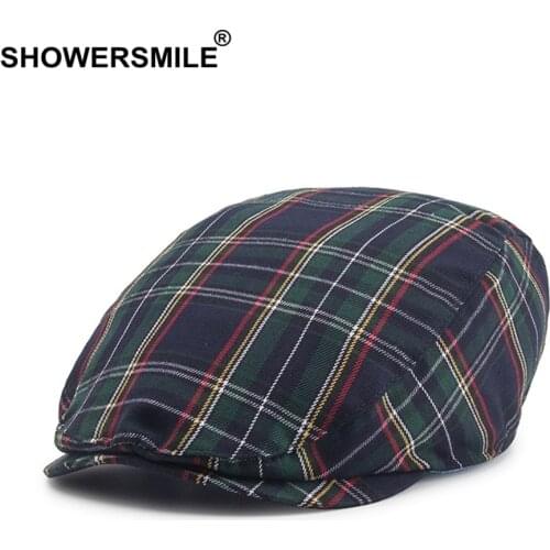 SHOWERSMILE Check Beret Men Green Navy Plaid Flat Caps Male British Vintage Berets Cap Khaki Spring Summer Women Driver Ivy Cap