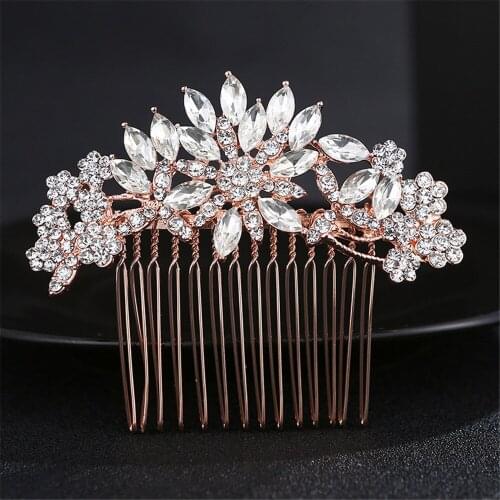 Rose Gold Bride Hair Combs For Women Crystal Rhinestones Simple Handmade Hairpins Bridal Hair Jewelry Accessories